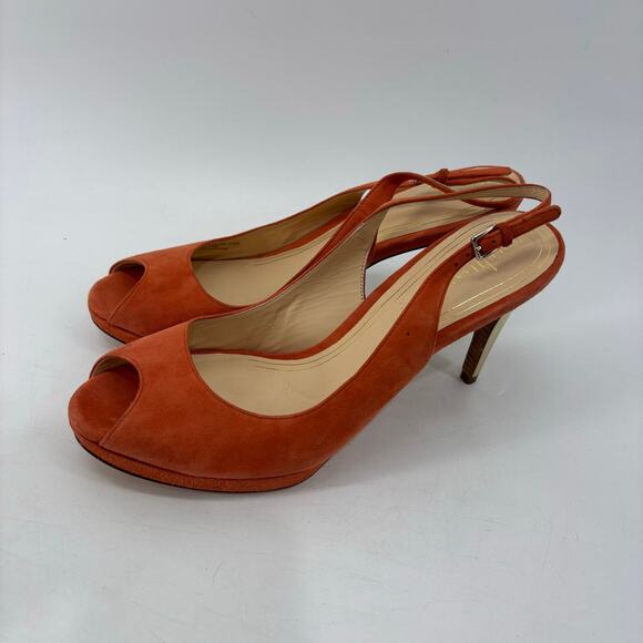 Cole Haan Sz 10.5 Peep Hole Suede Orange Gold Heel Sling Back - Picture 11 of 13